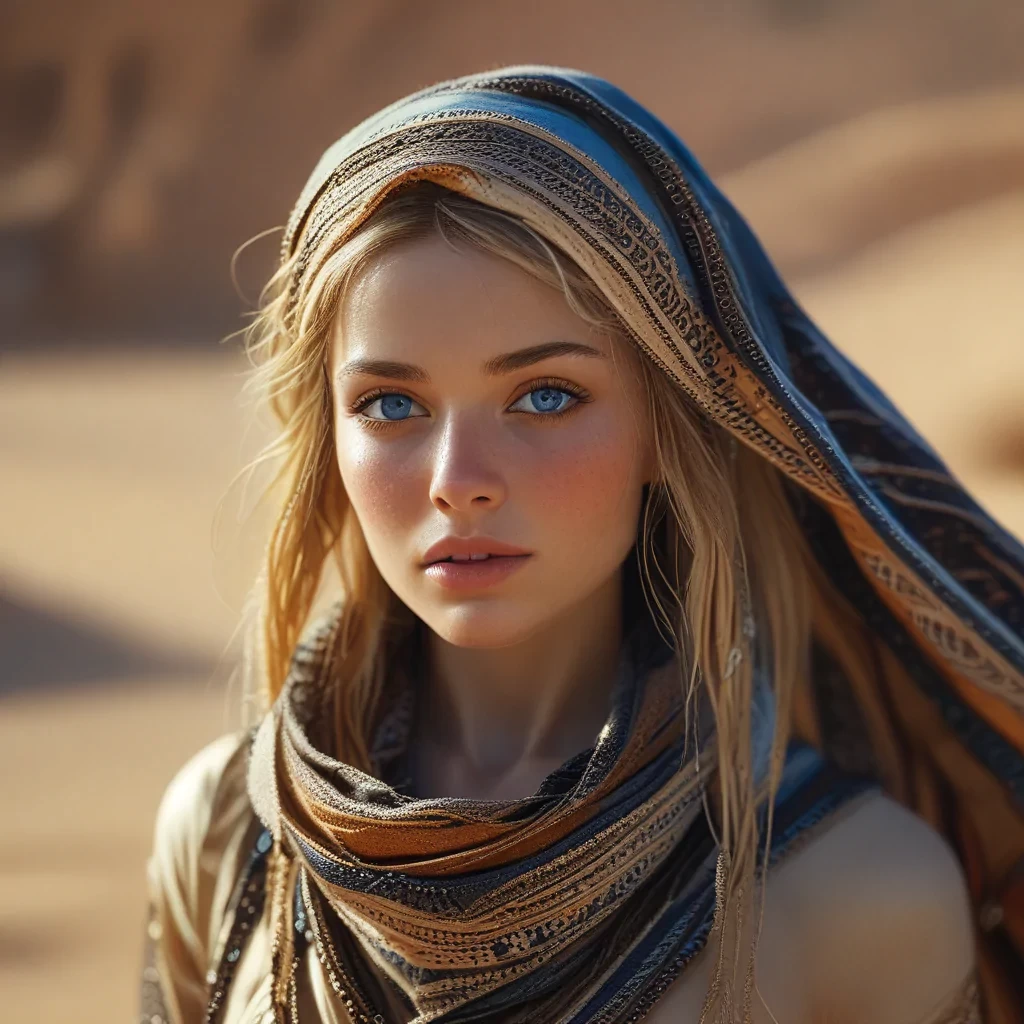 Cinematic Film Still,  35mm, wide-angle, sci-fi, Dune \(series\), sunlight, desert background, wearing Shemagh, solo, perfect body, beautiful tribal blond woman, perfect face, (perfect eyes), blue eyes, long hair, mature, pale skin, bright blue eyes, eyelight, middle east scarf, navel, single pauldron, wide hips, loin cloth, pelvic curtain, thigh strap, walking towards viewer, humid, science fiction, extremely detailed, cowboy shot, medium depth of field, sharp focus, ISO 1000, 1/250s, film grain, grainy, still frame, front view, fremen