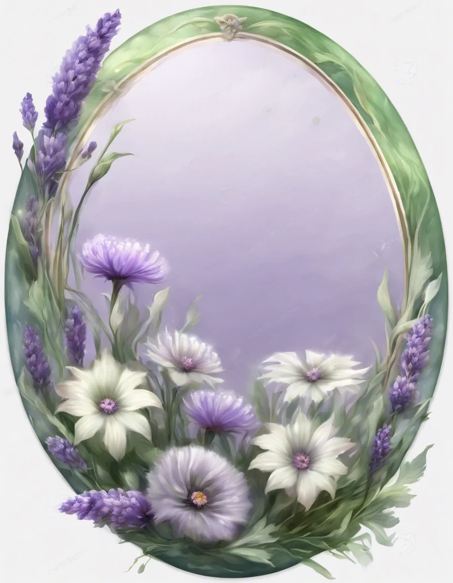 frame of flowers, oval, lavender and green and white flowers, magnificent, ultra realistic, highest resolution, detailed, harmonious