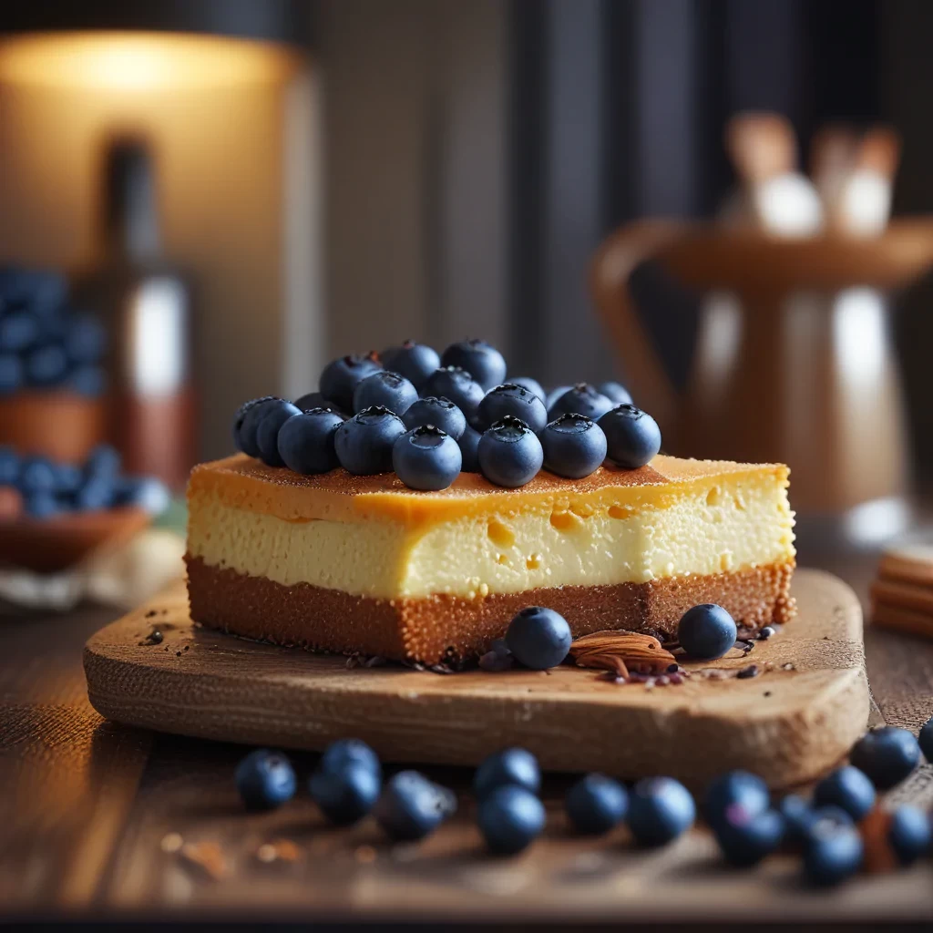 food photography, cheese cake, blueberries, cinnamon, in a luxurious Michelin kitchen style, depth of field, ultra detailed, uplight, natural features --q 25