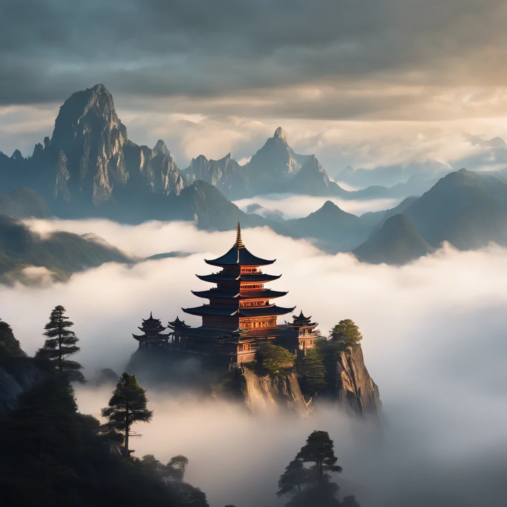 Ancient, mysterious temple in a mountain range, surrounded by misty clouds and tall peaks