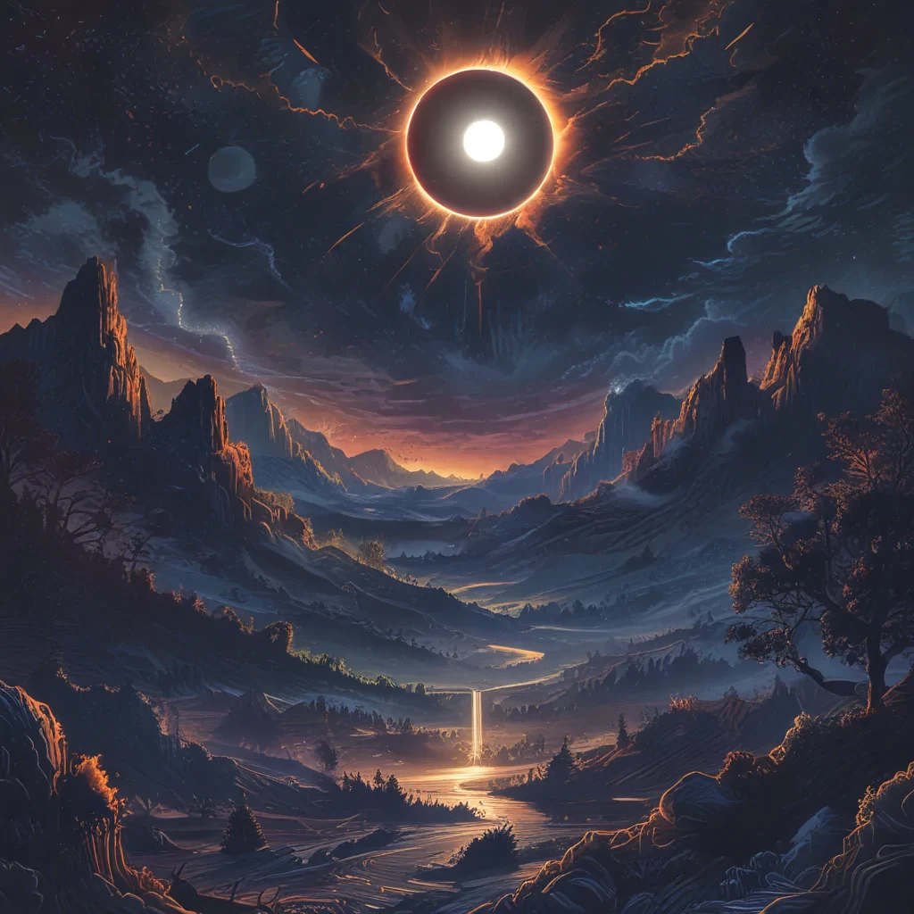 Landscape, night, solar eclipse, disappearance, special aura, detailed, chaotic drawing style
