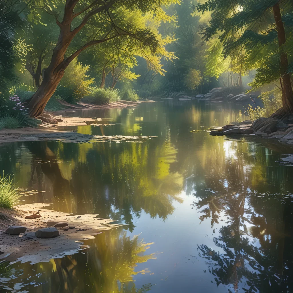 Generate an impressionist-style watercolor oil painting of a tranquil pond. Use brushstrokes to blend colors, capture the play of light and color, and put in a warm glow of dappled sunligh, ultra realistic, photorealistic, high resolution