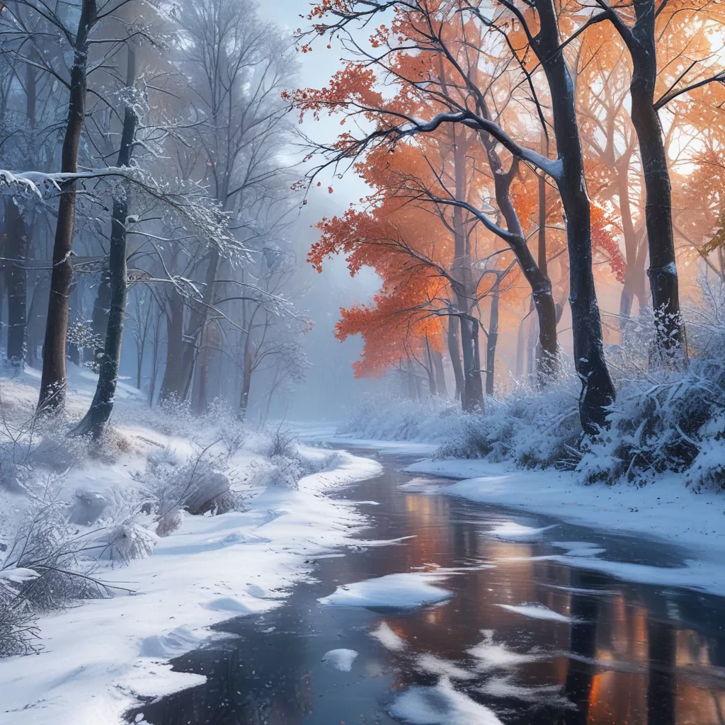 Capture the beauty of the winter season in a single scene, trying seasonal elements and color palettes to convey the harmony of nature’s cycles, ultra realistic, photorealistic, vibrant colours, high resolution