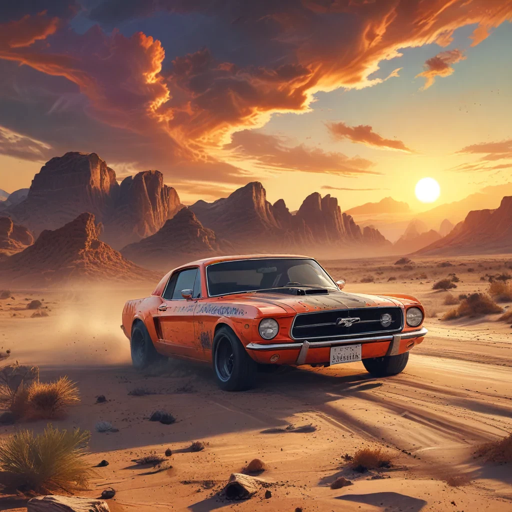 A retro Horror Comic style poster, of a post apocalyptic universe, in a prehistoric theme setting, in a past parallel universe, of a mustang muscle type car, extreme color scheme, driving speeding down a desert wasteland, driving into the sunset, highly detailed digital art, highly detailed