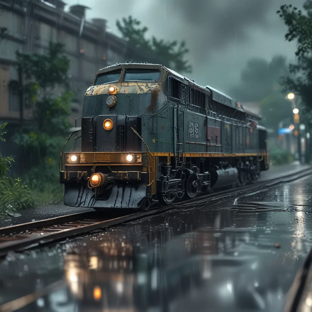 A cybernatic locomotive on rainy day from the parallel universe Noise: 50% Style realistic Strength 6.0