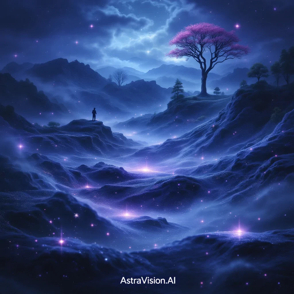 a beautiful mystical landscape photo with the text 'AstraVision.AI', subtle beauty, must say "AstraVision.AI", incorporate blueberries