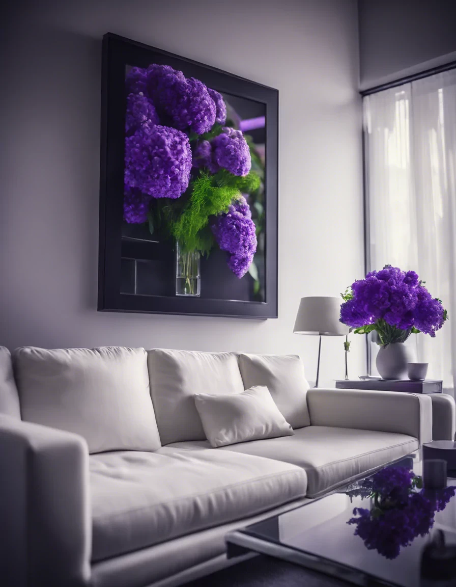 Create a shot of modern white couch i a modern place, framed with violet and green flowers, very realistic, highest resolution