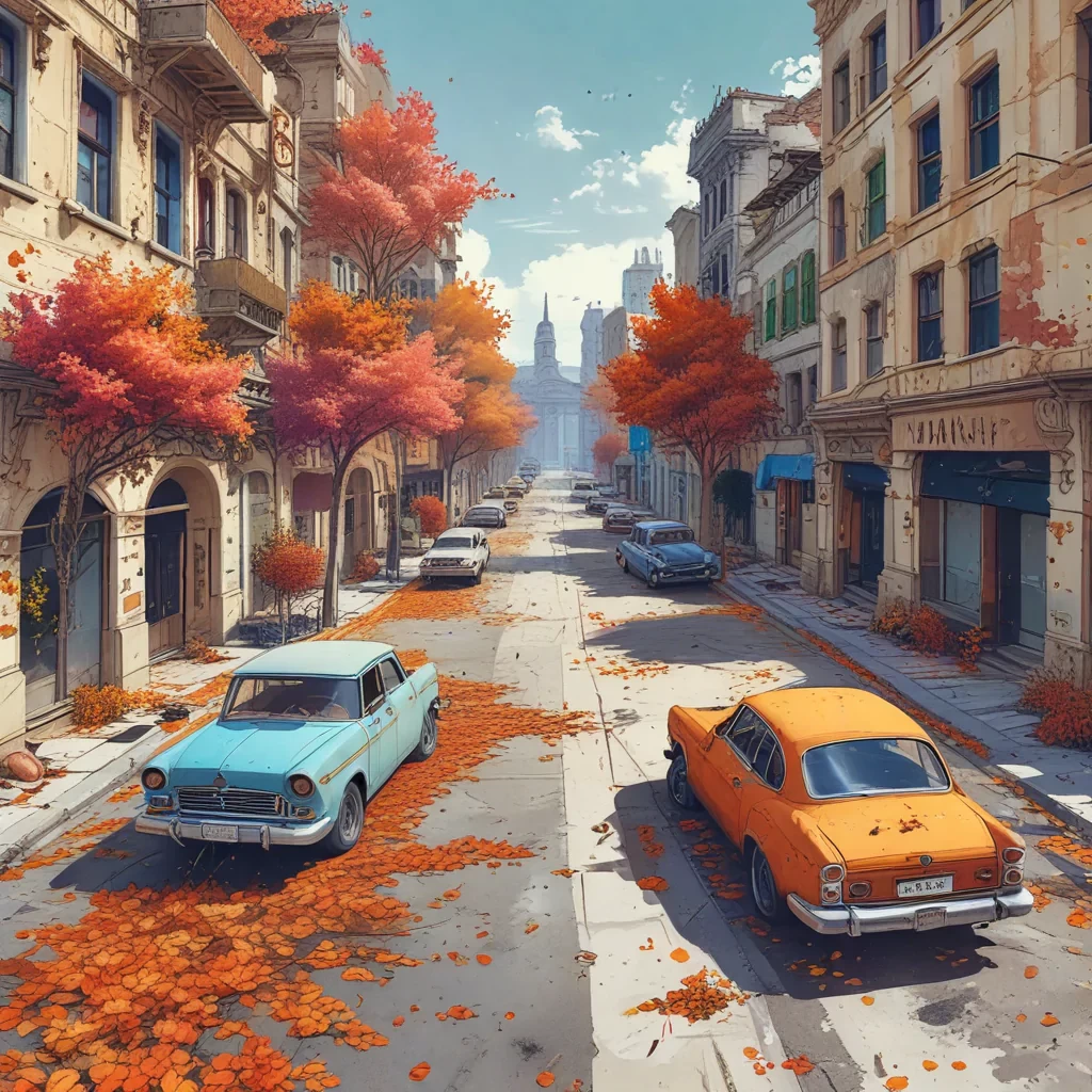 abandoned city with ruined buildings, long deserted streets, cars aged by time, trees, flowers, scattered leaves, empty street, vibrant colors, lineart