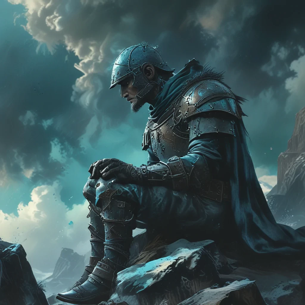 a painting of a knight sitting outdoors, in the style of dark sky-blue and light cyan, ethereal, dreamlike quality, ps1 graphics, lith printing, atmospheric clouds, frostpunk, comic art --ar 24:41 --stylize 750 --v 6