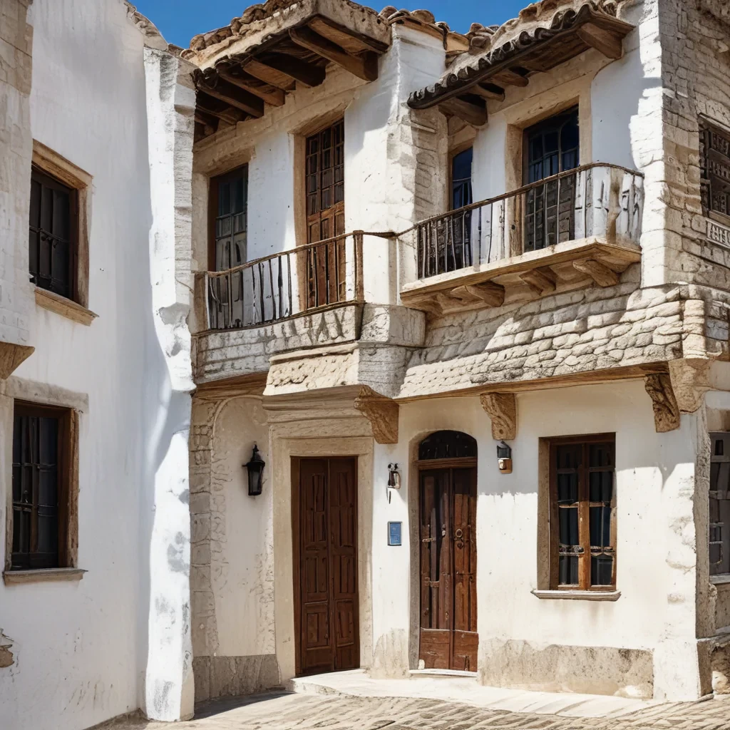 Build, in the style of the popular style houses of the towns of southern Spain, very rustic construction, made of stone and with whitewashed favha using white and light blue in its decoration. Stone roof. Impossible architecture. High contrast