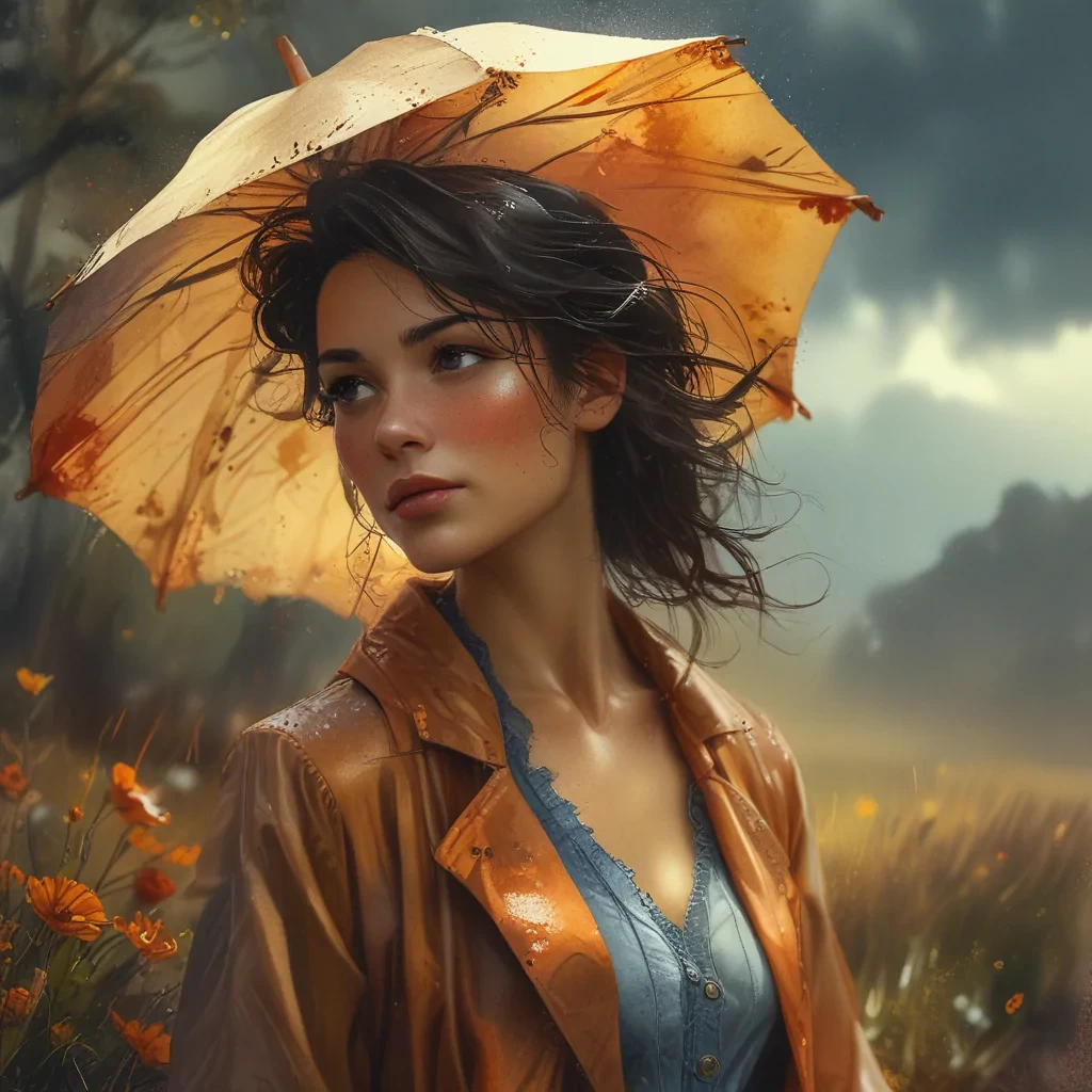 Autumm is here. Windy, light rainy, a woman with an umbrella is wandering through the landscape, atmospheric and oppressive as the sky begins to glow, energy harnessed sporadic glare a sky of emotions, Watercolor, trending on artstation, sharp focus, studio photo, intricate details, highly detailed, by greg rutkowski
