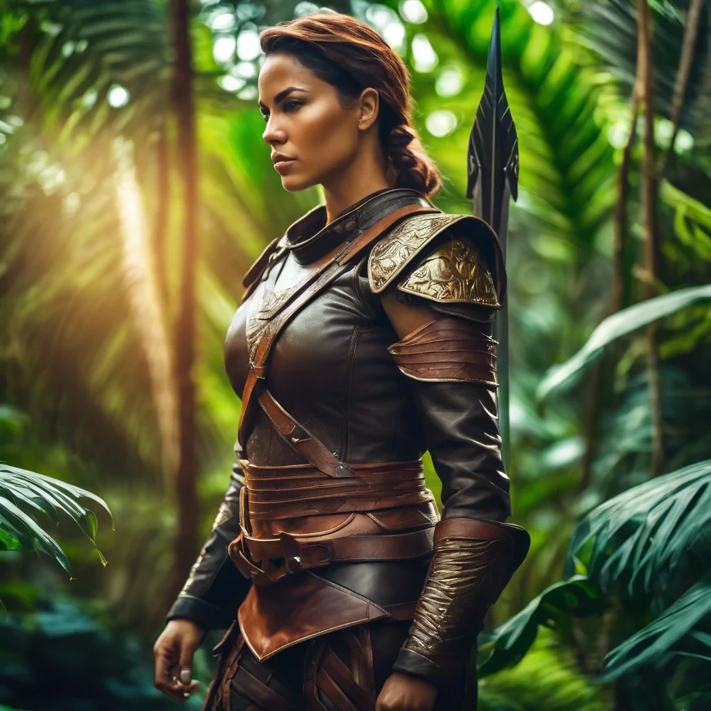 A realistically drawn (((female warrior))) standing confidently in a lush, tropical wilderness, dressed in sleek, functional leather armor, her face set in resolve, amidst a vibrant jungle backdrop
