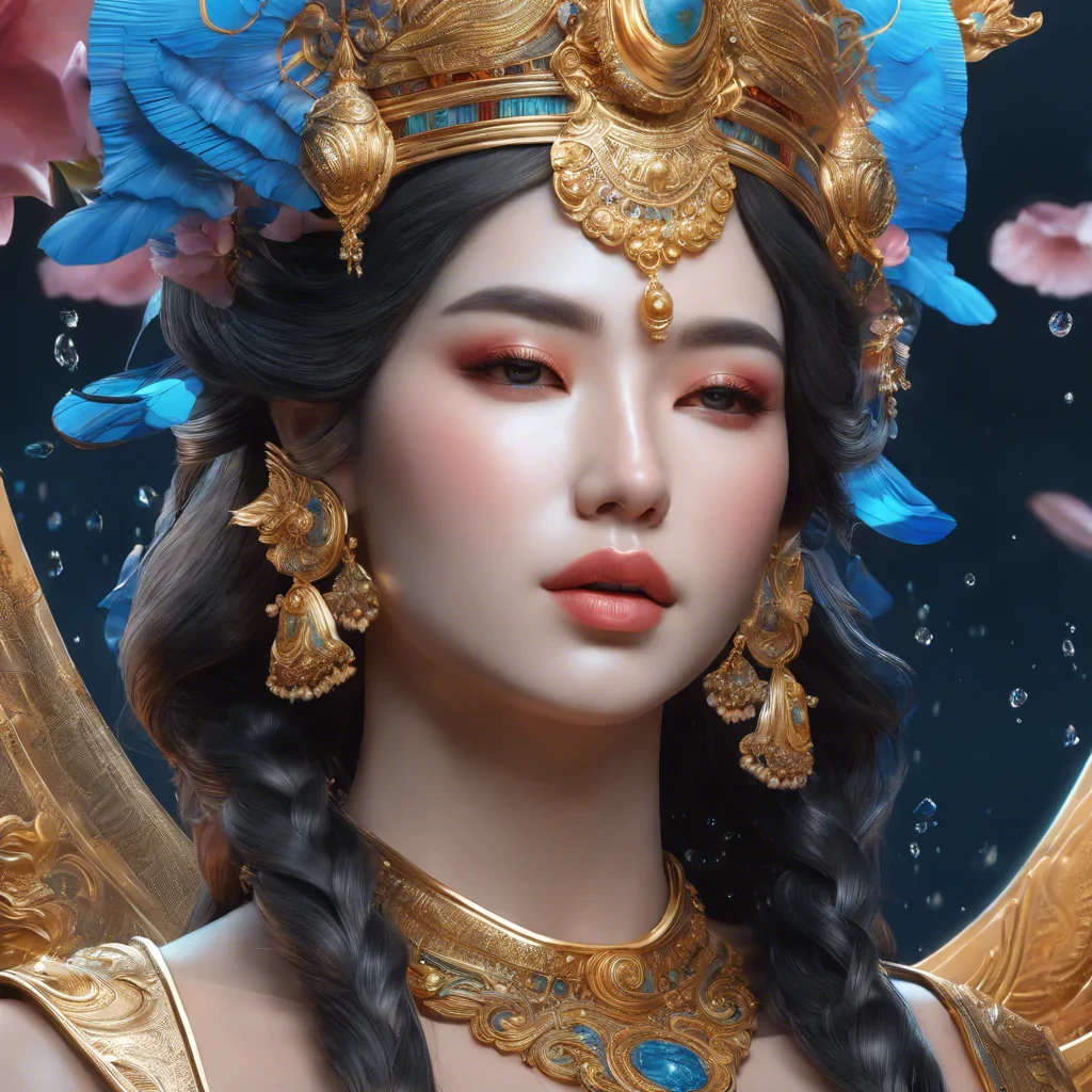 A goddess of water, hyper-realistic, intricate details, bright face, glossy lips, high quality, 8k