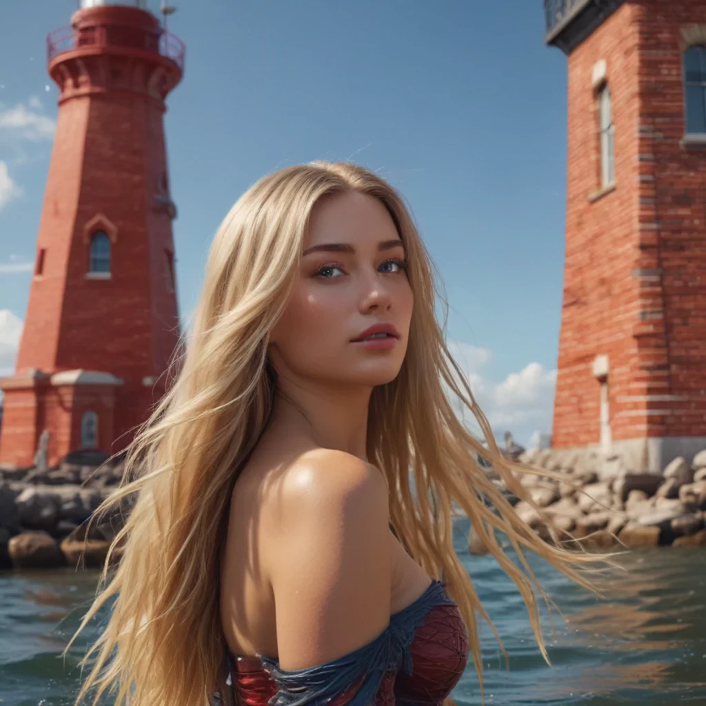 Mermaid, slim and curvy, long blond hair, in the water in front of a red brick lighthouse, wide shot, sharp focus, high detail, 8k, masterpiece, photo, bright light, sharp finish, perfect face, proportional features, perfect eyes, defined lines, vibrant colours, details, digital art, fantasy