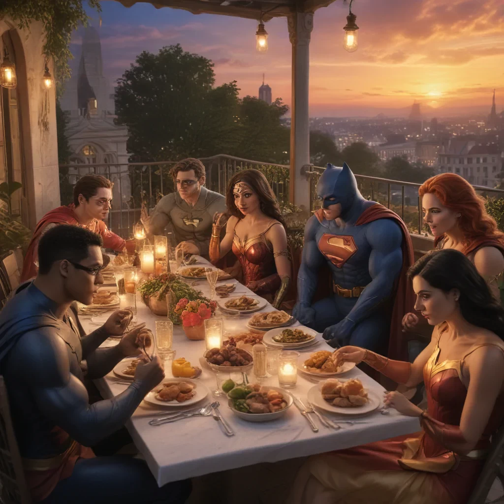 Generate a high-definition scene of DC superheroes enjoying dinner on a terrace. Each character should have a perfect, detailed face, wearing their iconic costumes with vibrant, perfectly matched colors. The setting should feature perfect lighting that enhances the mood, showing a balance of soft sunset light with subtle shadows. Include a picturesque terrace background that compliments the heroic atmosphere of the gathering