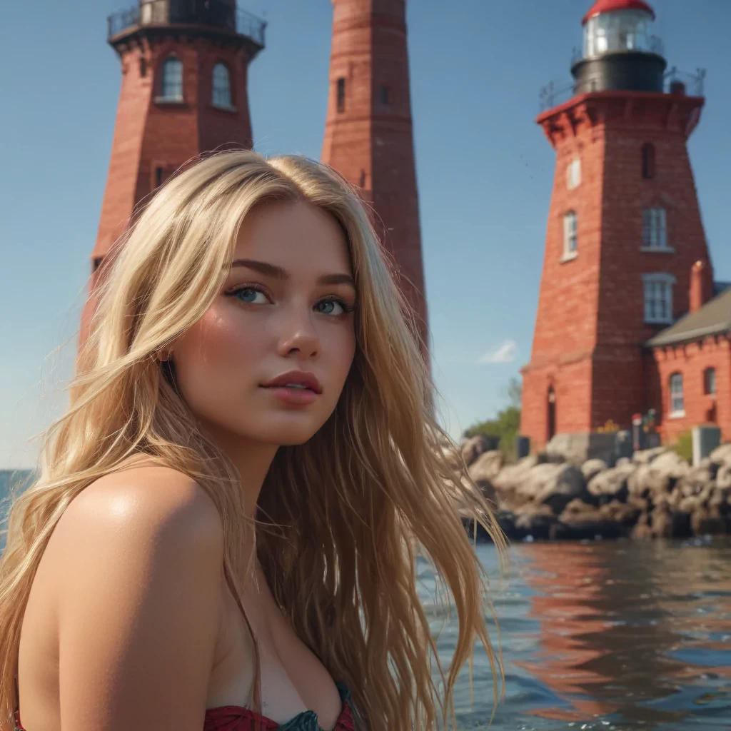 Mermaid, slim and curvy, long blond hair, in the water in front of a red brick lighthouse, wide shot, sharp focus, high detail, 8k, masterpiece, photo, bright light, sharp finish, perfect face, proportional features, perfect eyes, defined lines, vibrant colours, details, digital art, fantasy