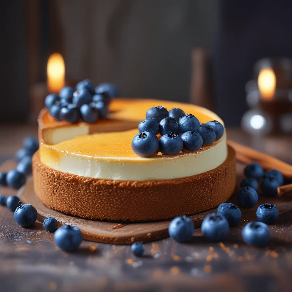 food photography, cheese cake, blueberries, cinnamon, in a luxurious Michelin kitchen style, depth of field, ultra detailed, uplight, natural features --q 25