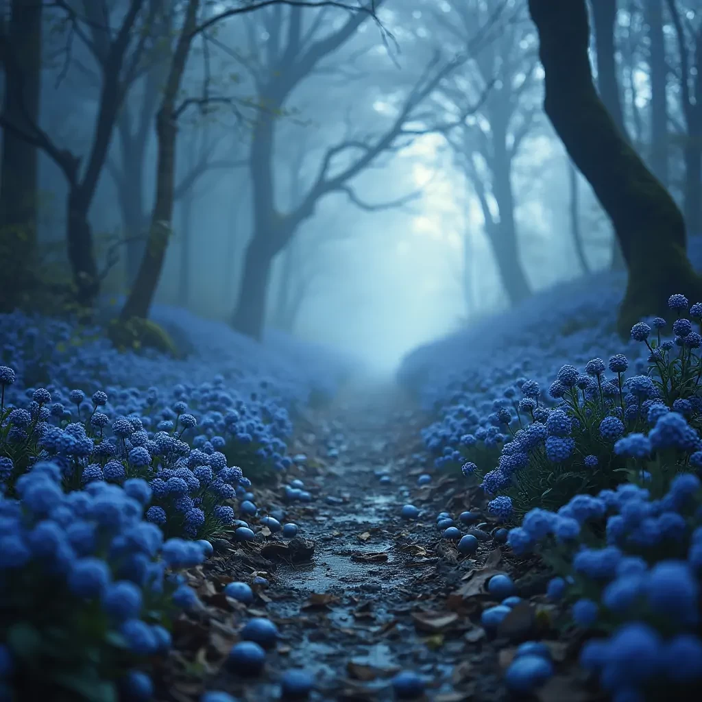 a beautiful mystical landscape photo with the text "AstraVision", subtle beauty, must say "1.1", incorporate blueberries
