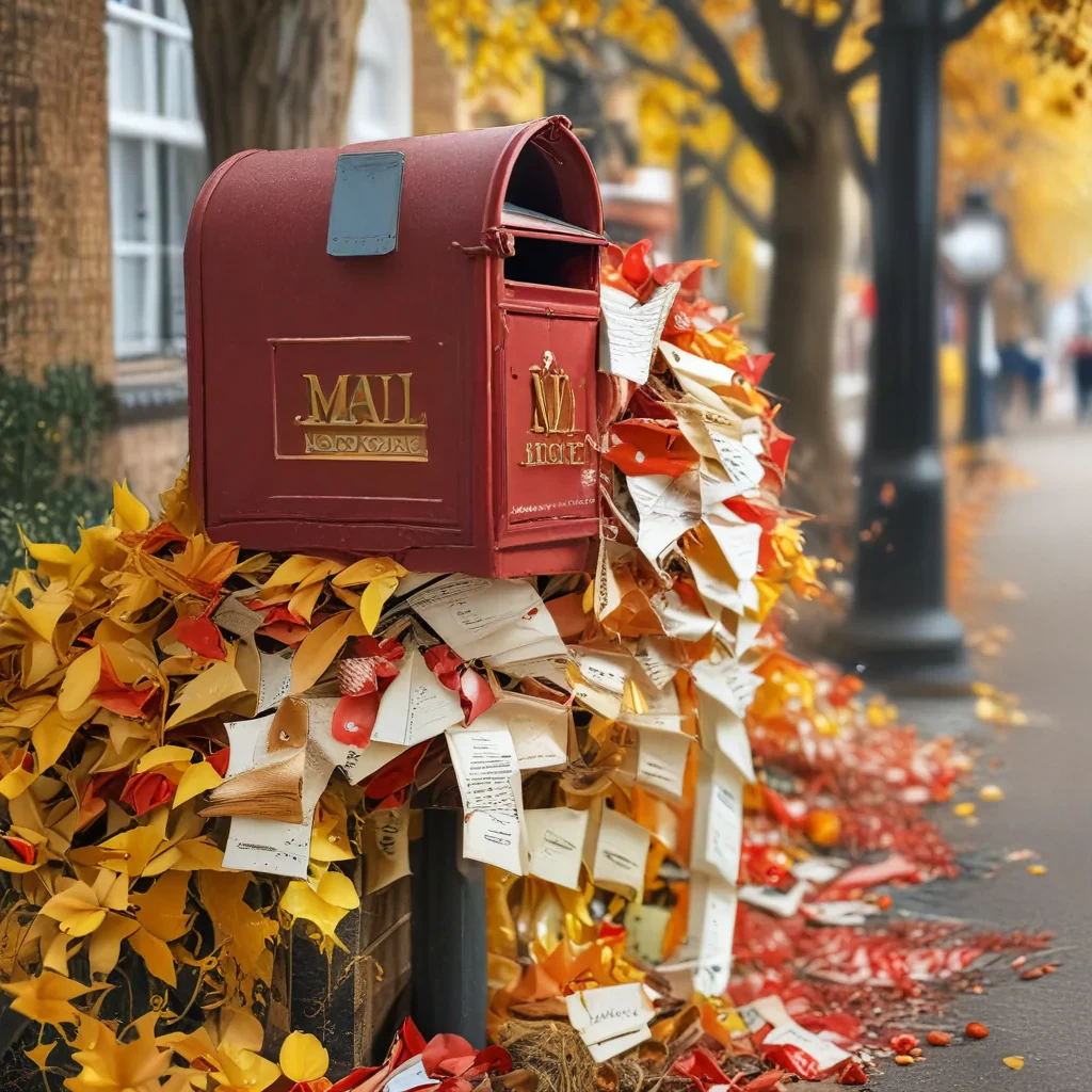 mail box, red, pile of letters beside , London, autumn, yellow leaves