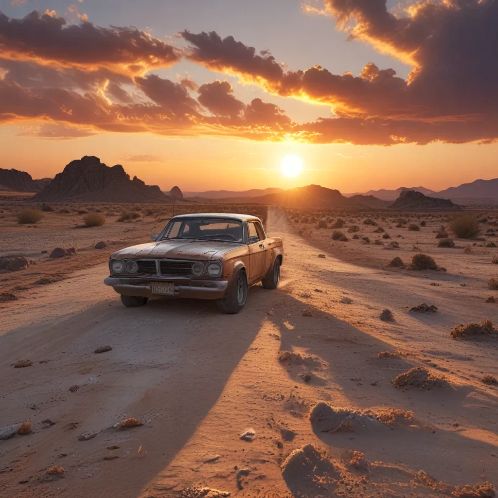 Car in the desert, wasteland, sunset