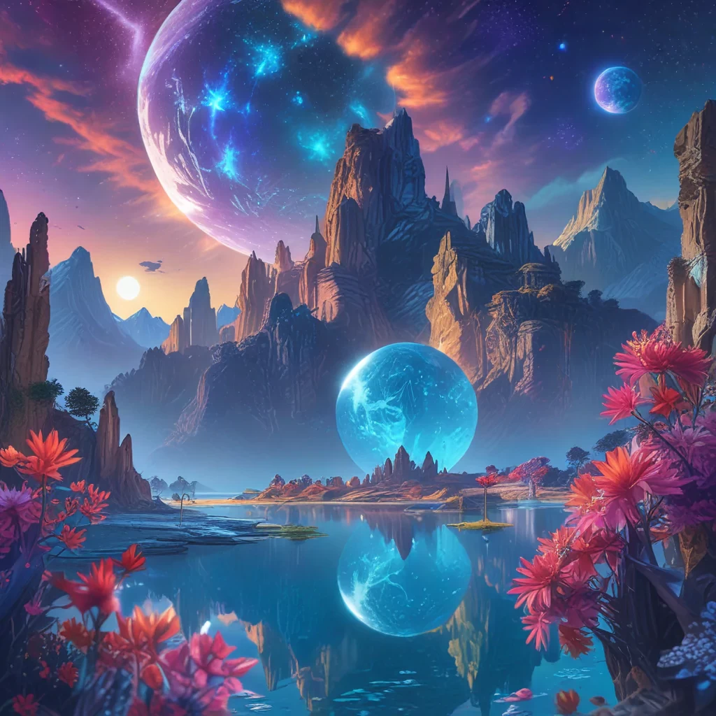 A breathtaking fantasy landscape featuring towering crystal mountains, vibrant alien flora, and a serene azure lake under a star-filled sky with two moons, detailed foreground with luminescent flowers and ancient ruins, vibrant colors, epic scale, 4K resolution