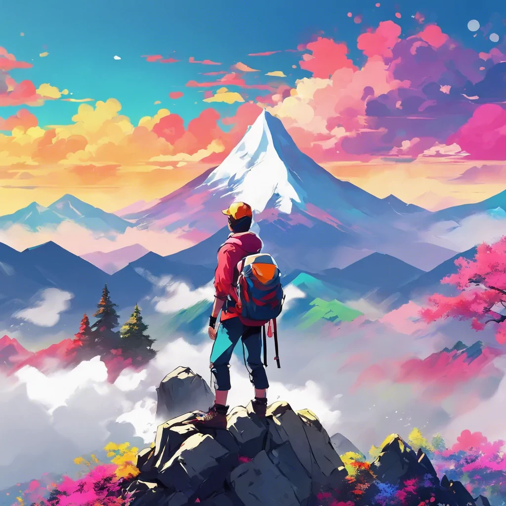 person with backpack standing on top of mountain, in the style of vibrant palette, anime art, 32k uhd, painted illustrations, high resolution