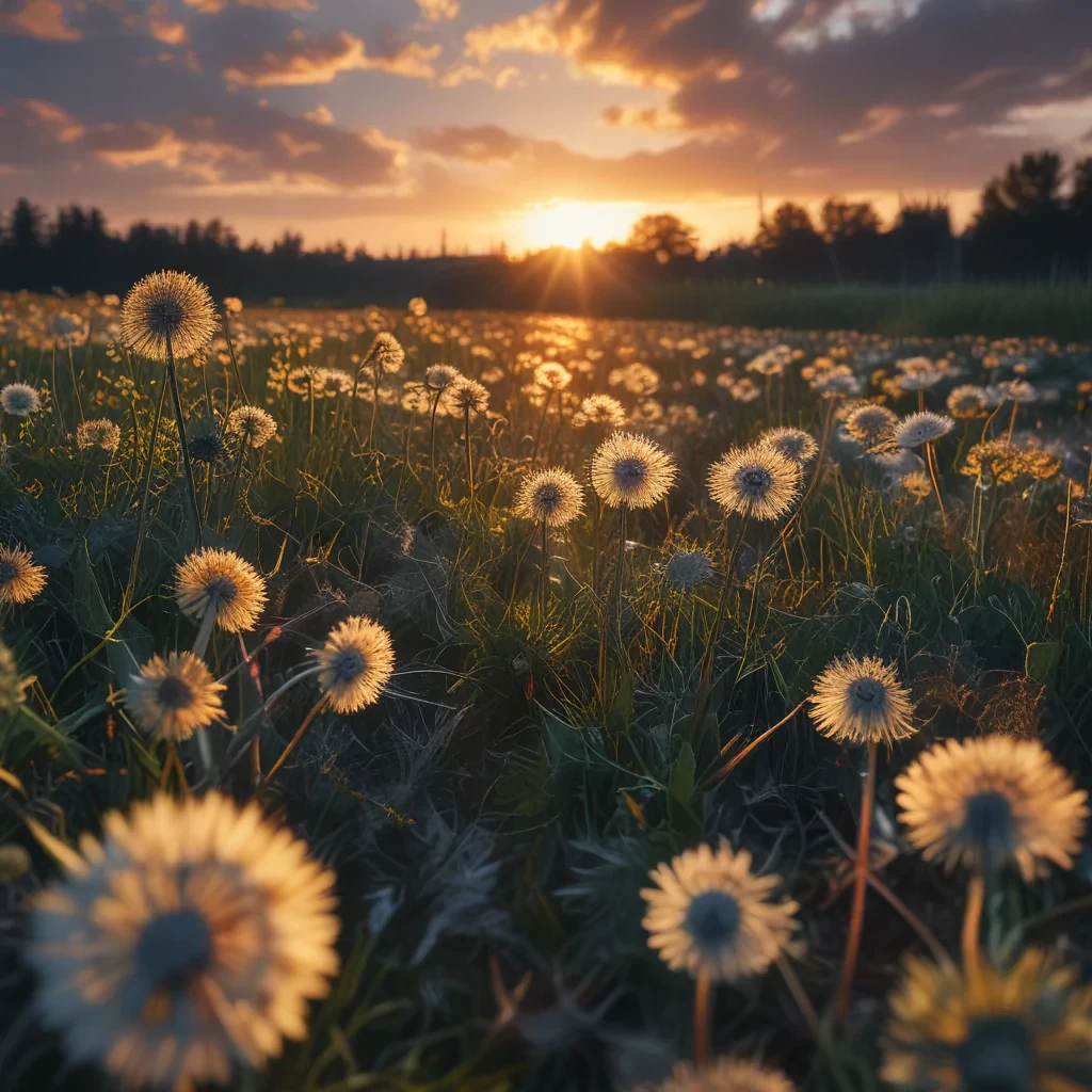 dandelions and a glorious sunset, by photographer Lee Jeffries nikon d850 film stock photograph 4 kodak portra 400 camera f1.6 lens rich colors hyper realistic lifelike texture dramatic lighting unrealengine trending on artstation cinestill 800