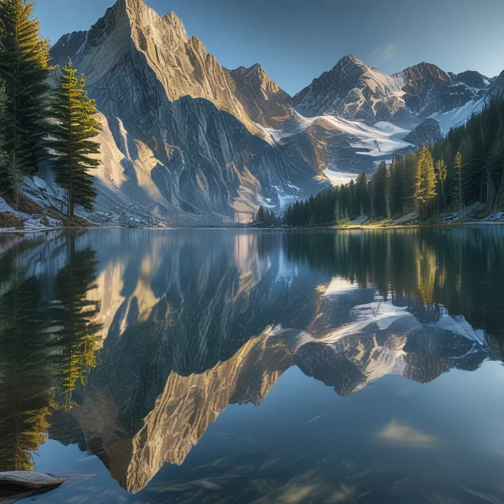 RAW photo of a mountain lake landscape, clear water, (Instagram able), highly detailed, photorealistic, ultra-realistic photo, 8k, UHD, DLSR, soft lighting, reflection, high quality, film grain, Fujifilm XT3, (masterpiece, panoramic),
