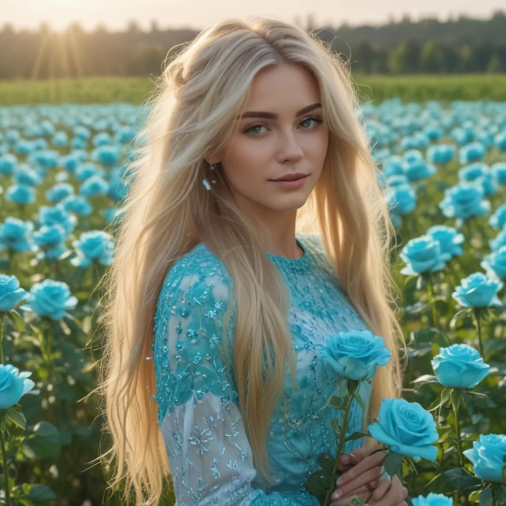 A beautiful woman with very long blonde hair is standing in a magnificent field containing of turquoise diamond roses, 8k, bright light