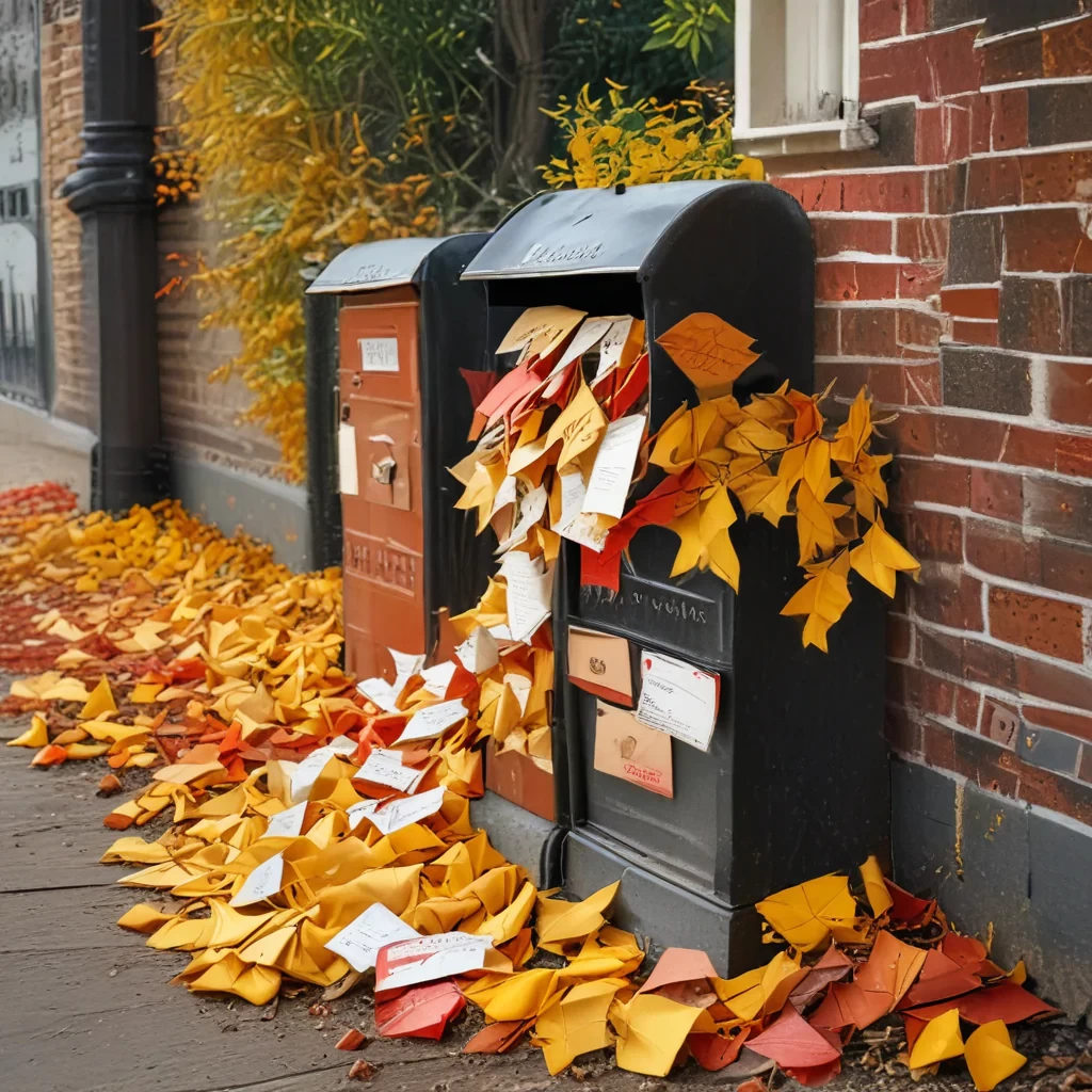 mail box, red, pile of letters beside , London, autumn, yellow leaves