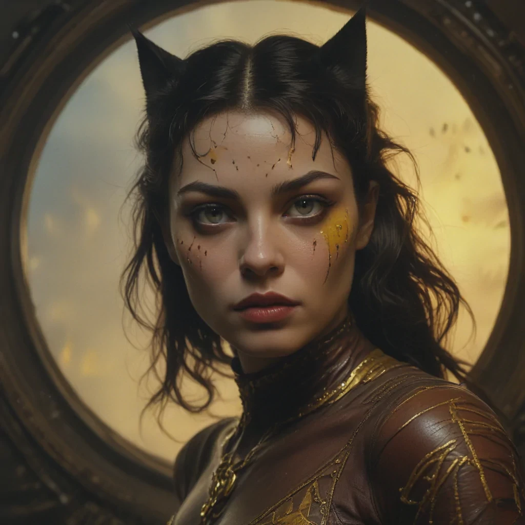 a high quality cinematic scene of a Catwoman, circular pupils, round iris, dark wavy hair, filmed on Sony A7iii, 50mm, f/2.8, film director James Cameron , craig mullins, sergio toppi, beksinski, jeremy mann, influenced by pre-raphaellite, red yellow black, magic realism