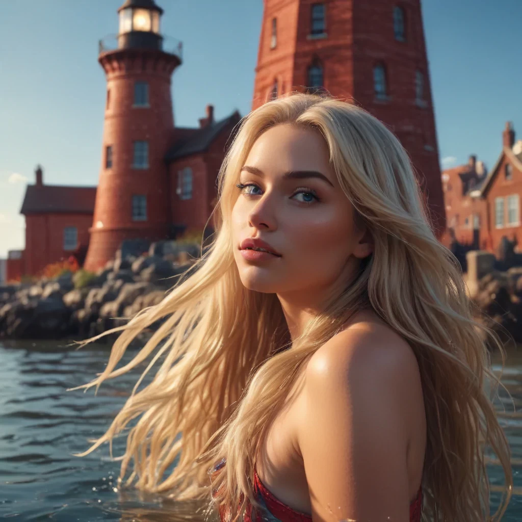 Mermaid, slim and curvy, long blond hair, in the water in front of a red brick lighthouse, wide shot, sharp focus, high detail, 8k, masterpiece, photo, bright light, sharp finish, perfect face, vibrant colours, details, digital art, fantasy