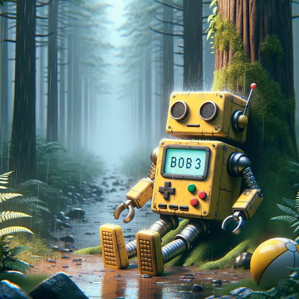 Super cute yellow old style robot, cute, raining in the forest, high definition, vignette,