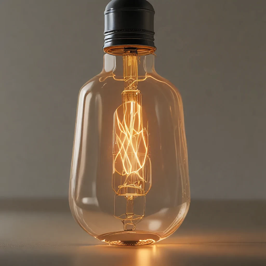A light up edison bulb, detailed bulb components, clear glass details, warm light , very realistic, very clear picture, high quality,8k
