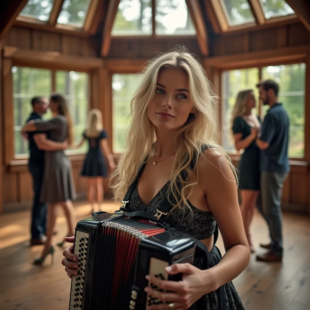 A beautiful face, blue eyes, long blond-haired beautiful woman in her early thirties playing the piano accordion in the middle of an octagonal wooden dance floor with a wooden roof in the swedish forest, surrounded by dancers dancing in pairs