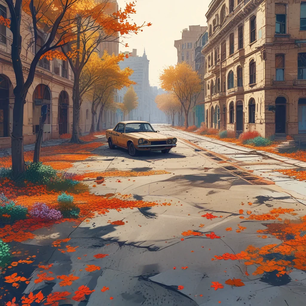 abandoned city with ruined buildings, long deserted streets, cars aged by time, trees, flowers, scattered leaves, empty street, vibrant colors, lineart