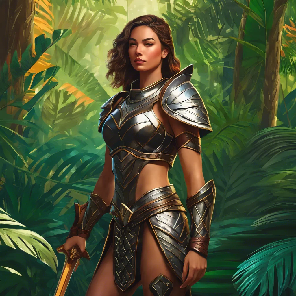 A realistically drawn (((female warrior))) standing confidently in a lush, tropical wilderness, dressed in sleek, functional leather armor, her face set in resolve, amidst a vibrant jungle backdrop