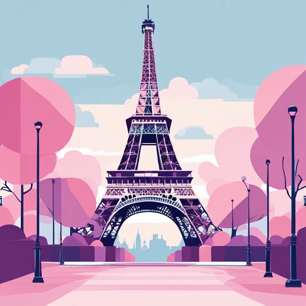 Flat vector art illustration, flat color, Eiffel Tower Paris, pastel blues, pinks and purples, wide angle