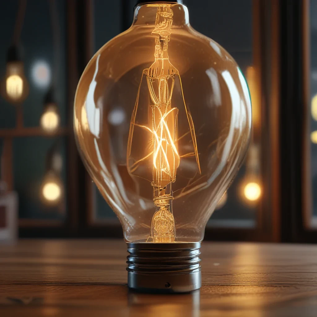 A light up edison bulb, detailed bulb components, clear glass details, warm light , very realistic, very clear picture, high quality,8k