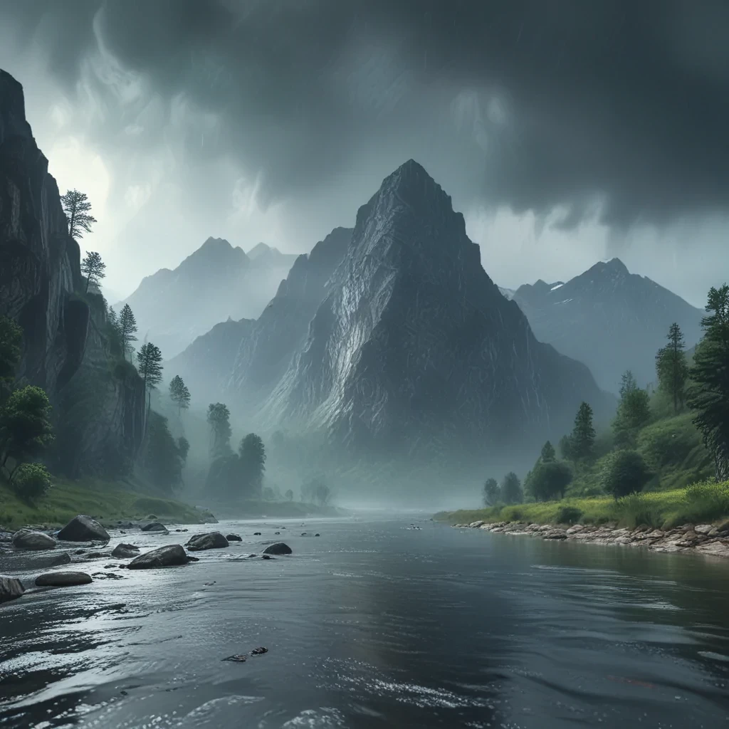 Mountain, rain, river, 8k, HD