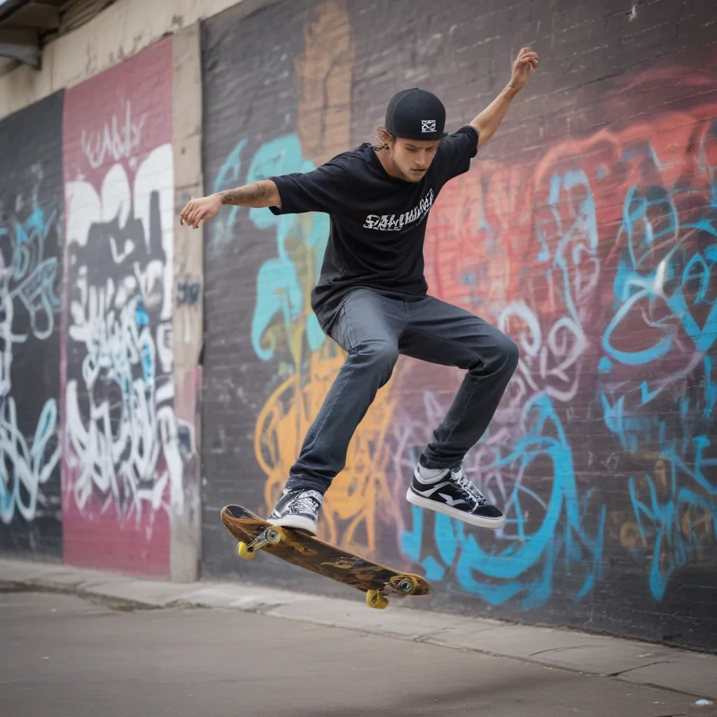 close up shoot, Urban portrait of a skateboarder in mid-jump, graffiti walls background, high shutter speed