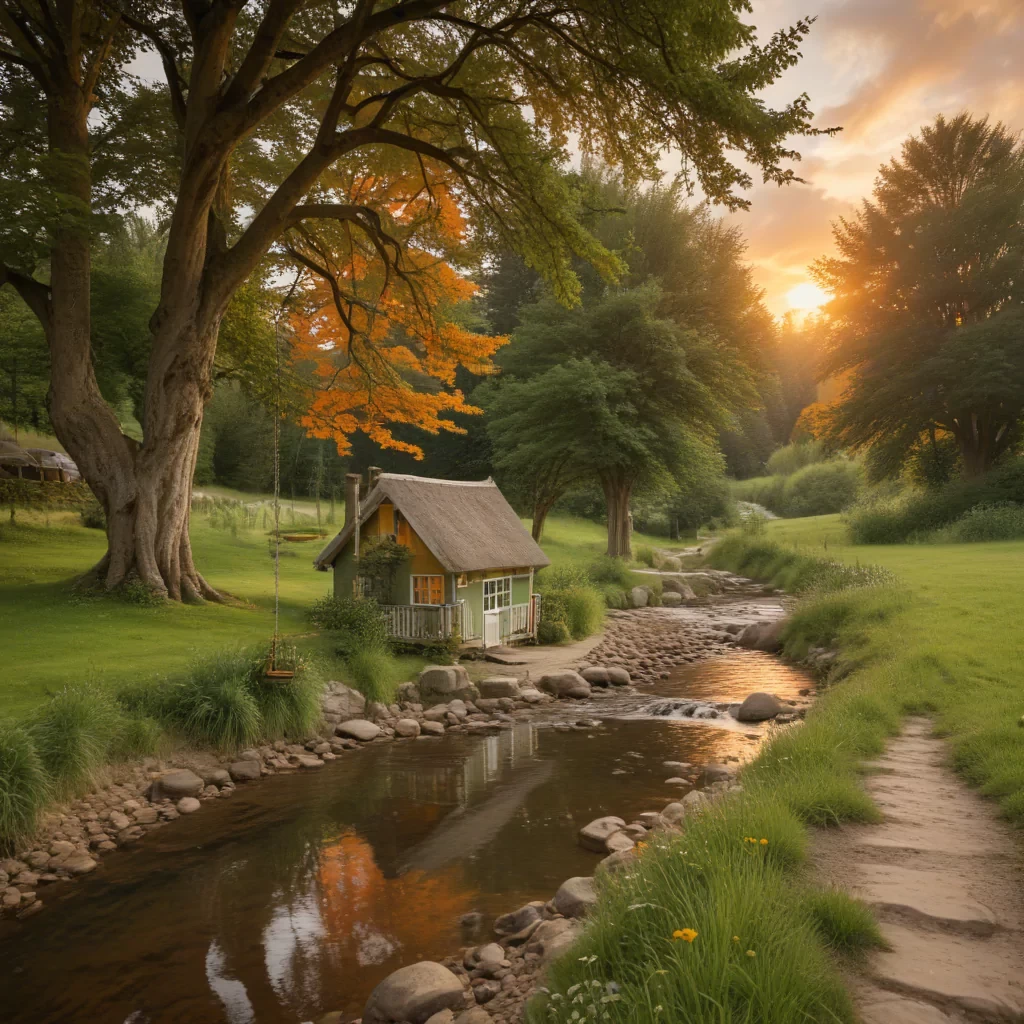 A cottage, next to a stream, cozy, warm colours, green trees, ( swing ), cloudy orange skies