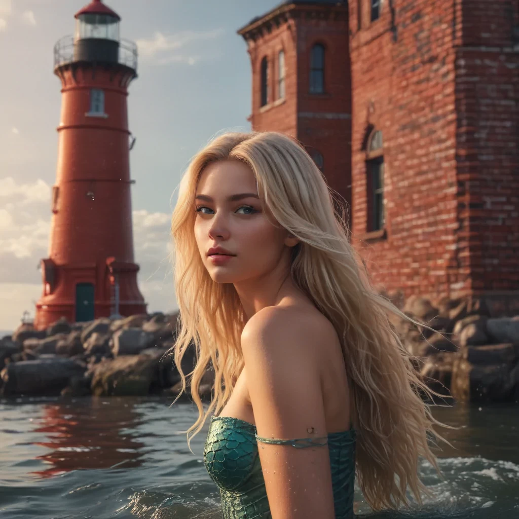 Mermaid, slim and curvy, long blond hair, in the water in front of a red brick lighthouse, wide shot, sharp focus, high detail, 8k, masterpiece, photo, bright light, sharp finish, perfect face, vibrant colours, details, digital art, fantasy