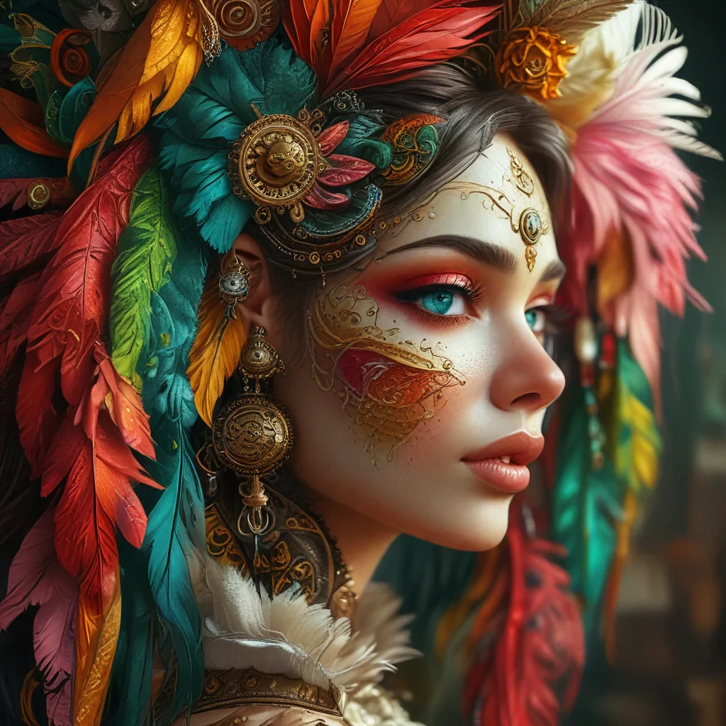 steampunk makeup, in the style of vray tracing, colorful impasto, uhd image, indonesian art, fine feather details with bright red and yellow and green and pink and orange colours, intricate patterns and details, dark cyan and amber makeup. Rich colourful plumes. Victorian style.