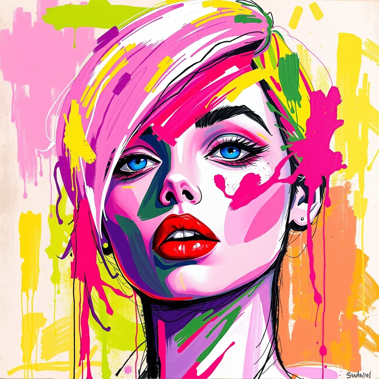 create an abstract, expressionist painting of a face characterized by vivid and dynamic coloration, incorporating hues of pink, purple, green, and yellow. the portrait should feature striking bright blue eyes and full red lips, rendered with overlapping brush strokes and splatter effects for an ethereal, surreal quality. set against a textured background that merges warm and cool colors, the composition should evoke a lively, fashion forward atmosphere.