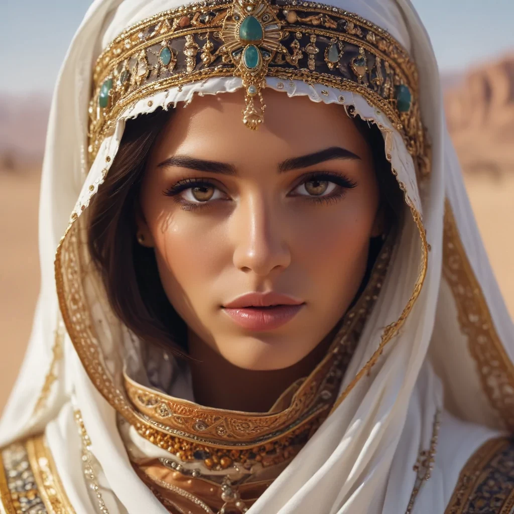 Queen of Arabia, extremely pretty face, sharp features, symmetrical, desert, shot taken from long distance, beautiful, 8k
