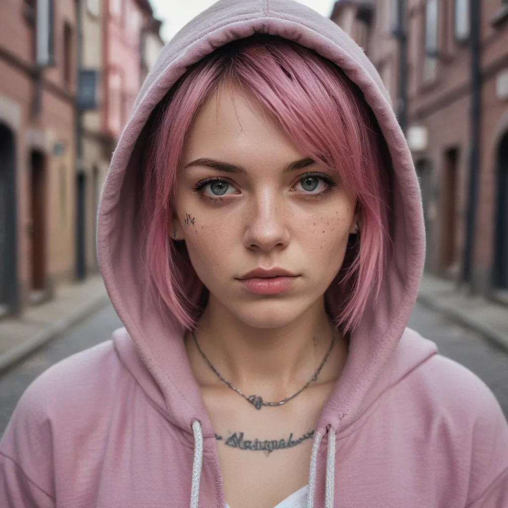 arcane style, 1girl, European face, beautiful face, hoodie, arm tattoo, portrait, asymmetrical bangs, bandaid, short hair, bangs, breasts, freckles, grey eyes, large breasts, looking at viewer, neck tattoo, nose piercing, pink hair, scar, scar on face, solo, tattoo on face, upper body, detailed background, town, alley, dark alley, portrait, hood on head, night, angry, close up, closed mouth, , ((masterpiece)), absurdres