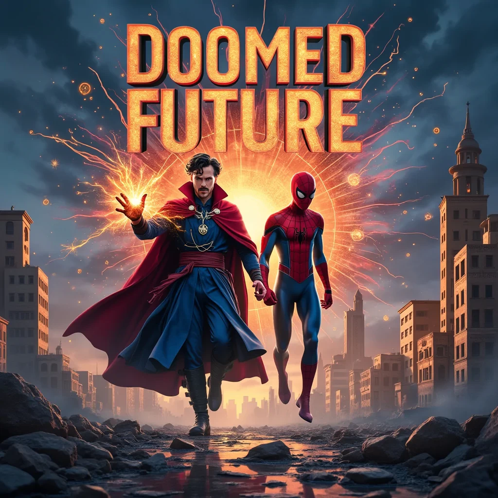 A captivating movie poster titled ["DOOMED FUTURE"] with the subtitle ["Doctor Strange & Spider-Man's Time Battle"]. The poster presents [Doctor Strange and Spider-Man] in a [dystopian future, with ruined cities and broken timelines around them]. [Strange's magical energy and Spider-Man’s web-slinging] are emphasized, as they work together to fix the shattered timeline. The design highlights [the urgency and the dire consequences of their mission to save the future]