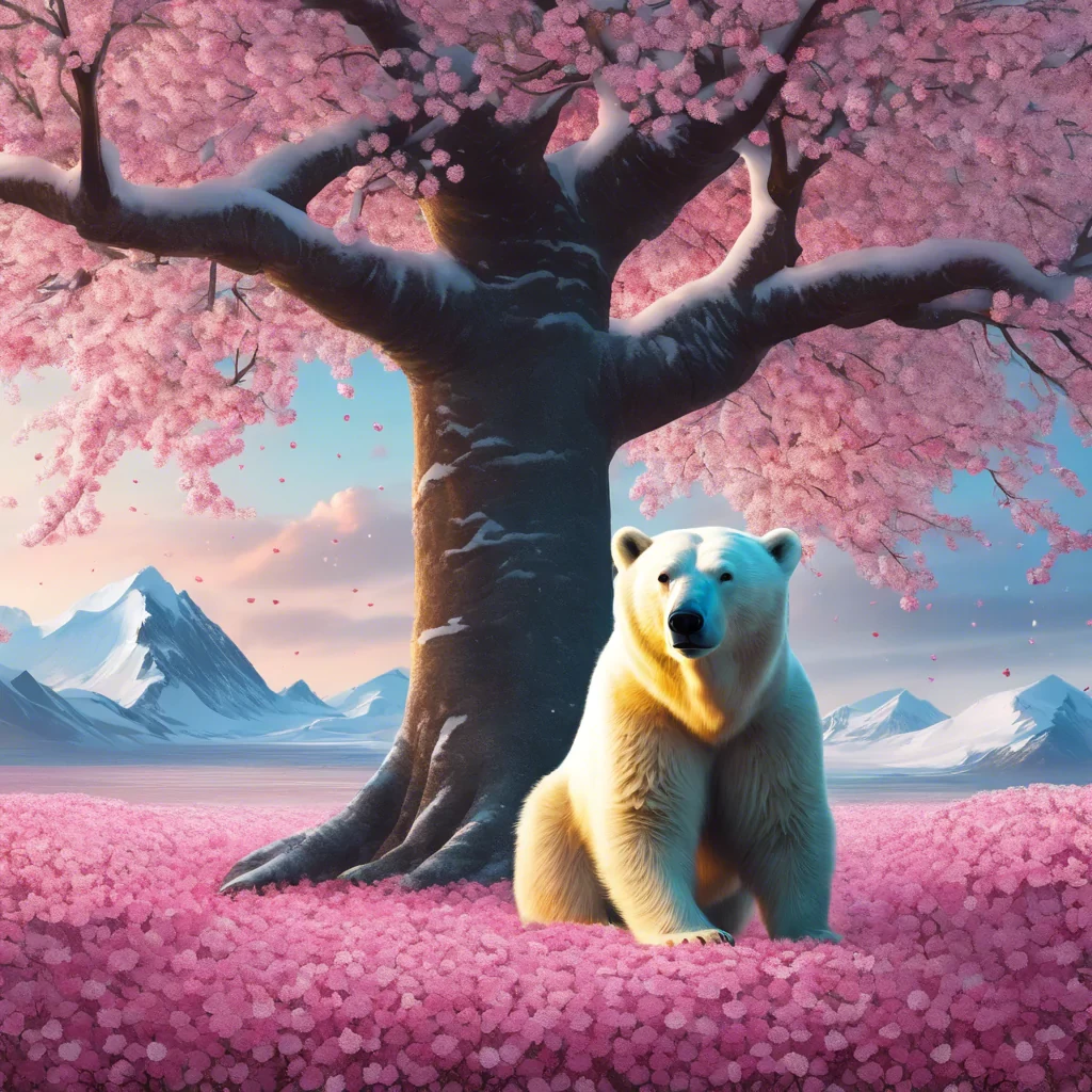 A cherry blossom tree in full bloom amidst an arctic tundra showering petals on a polar bear