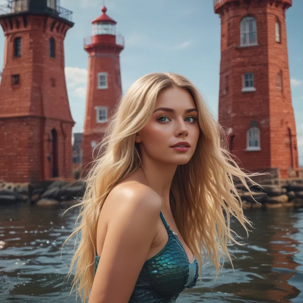 Mermaid, slim and curvy, long blond hair, in the water in front of a red brick lighthouse, wide shot, sharp focus, high detail, 8k, masterpiece, photo, bright light, sharp finish, perfect face, proportional features, perfect eyes, defined lines, vibrant colours, details, digital art, fantasy